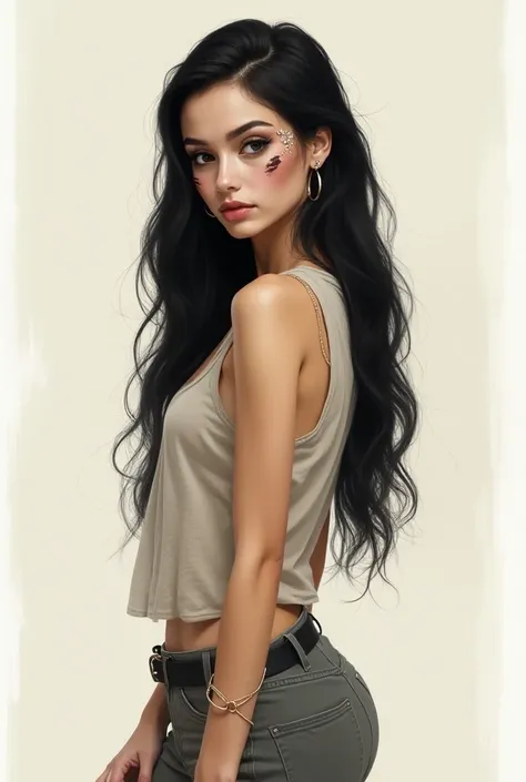  Women , age 16 , Look like a true goddess  , with dark circles ,  super long hair color black  , model body , Classic clothes  ,  with basic colors  ,  your flirty personality  ,  add accessories such as simple chains and a hair bracelet. realistic , full...