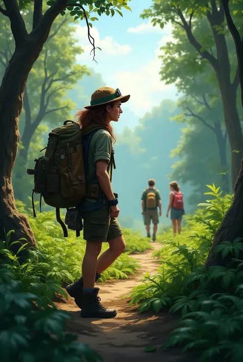 a woman walking in the woods with her explorers backpack and in the distance you can see a man and a woman talking to each other