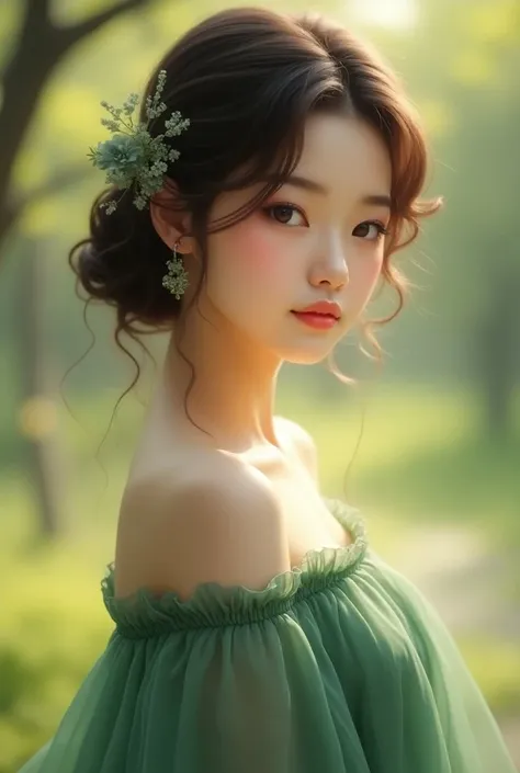 Create a Korean girl with curly brown hair and wear a green dress with brown eyes