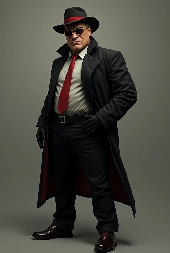  Draw me a potriate of a video game character in GTAV style derived by Vito Scalletta from Mafia 3 ,  grumpy face like a mobster in the 1980s , He is 45 ,  he has a black hat with red band ,  gold glasses with black tinted glasses ,  a black cashmere coat ...