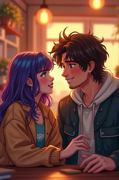  Draw a girl similar to Ramona Flowers and a boy similar to Peter Parquer on a romantic date, both are college students ,  the girl has colorful hair and the boy wears a sweatshirt and a jacket ,  the boy has somewhat long brown and slightly curly hair 