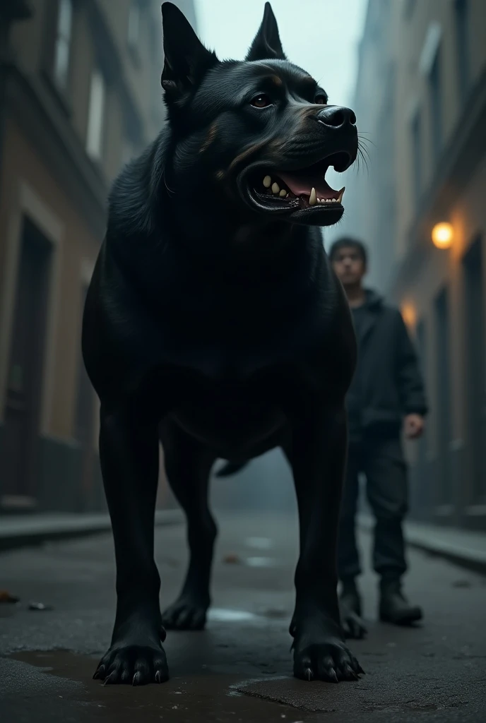 Create an image of a big black dog defending ren 