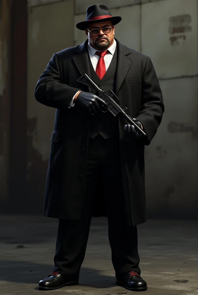  Draw me a potriate of a video game character in GTAV style derived by Vito Scalletta from Mafia 3 ,  grumpy face like a mobster in the 1980s , He is 45 ,  he has a black hat with red band ,  gold glasses with black tinted glasses ,  a black cashmere coat ...