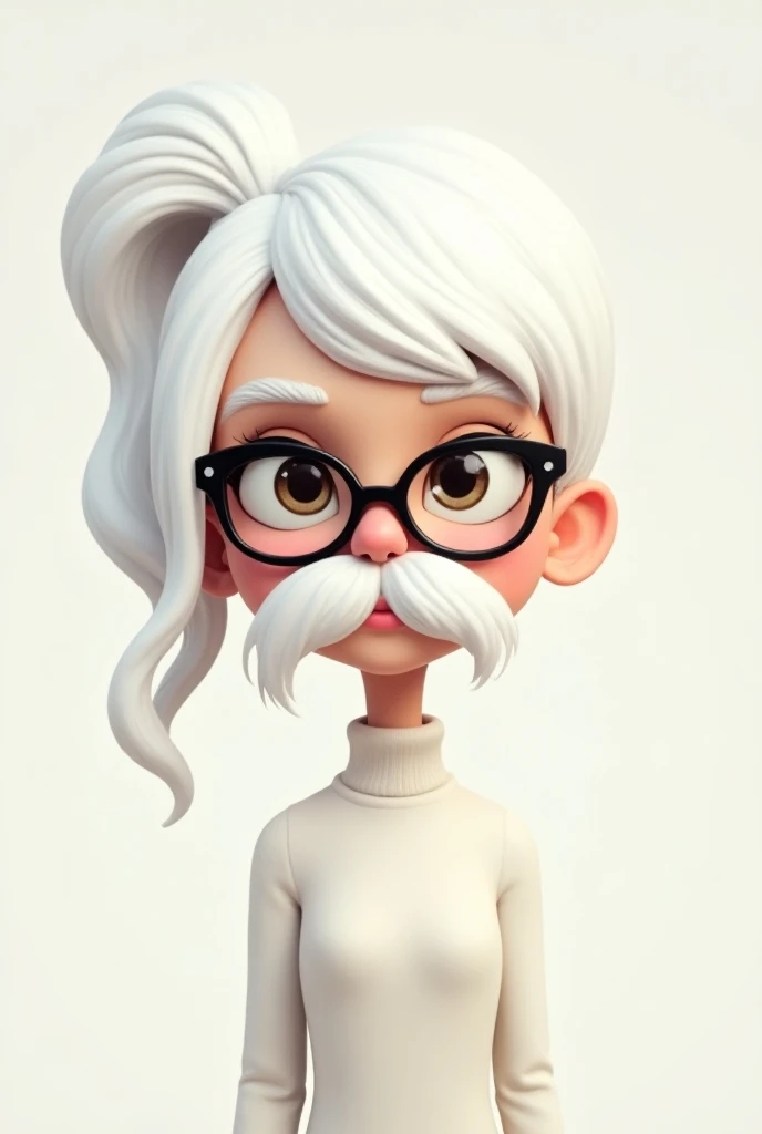 Cartoon of a female character ,  white hair with a ponytail and fringe ,  a white turtleneck and a white beard with black glasses 