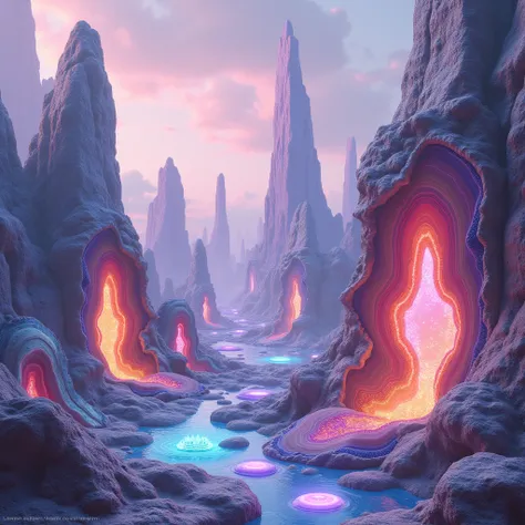 an alien world where the terrain is composed of agate geodes, with smooth, colorful rocks and hills featuring swirling mineral patterns in deep blues, purples, oranges, and pinks. The landscape is dotted with towering agate pillars and cracked geodes revea...