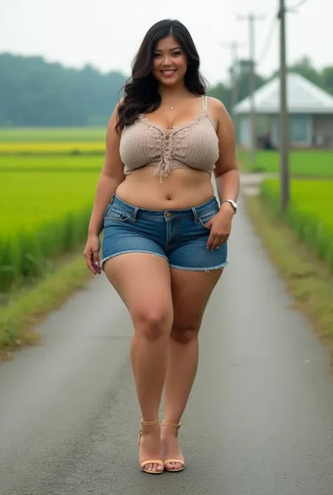  (standing on the road between rice fields  . :1.5)(big breasts:1.5) (full body photo.:1.5)(sleeveless knit.:1.5)(G cup breasts:1.5)(Height: 175cm:1.5)(wearing high heels:1.5) (denim micro shorts low rise:1.5)(Navel exposed:1.5)おっぱいでかすぎ(A greenhouse can be...