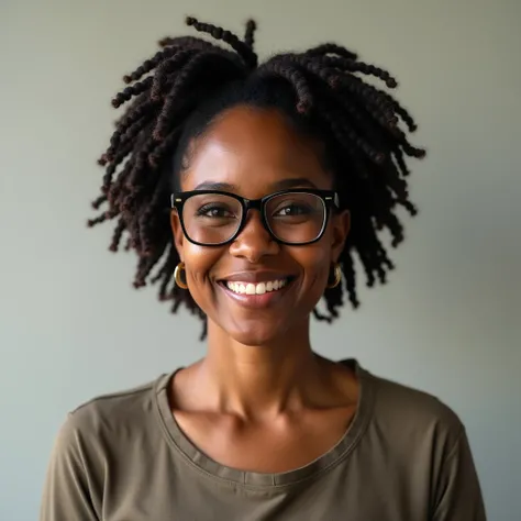 high resolution, brown skin female teacher, loc hairstyle, 50  years old, round features wearing glasses