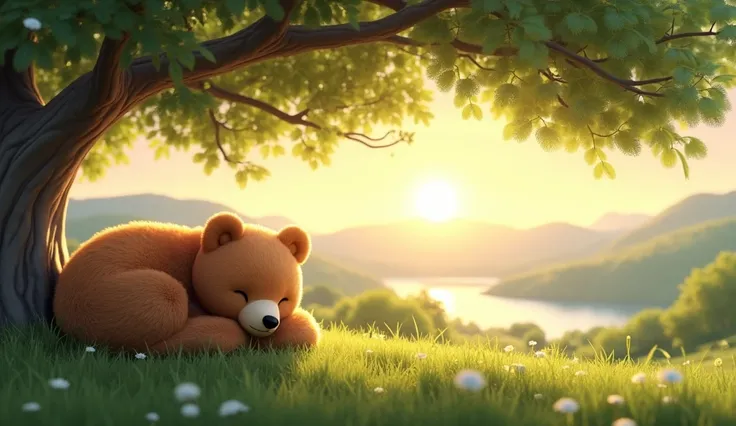 a cuddly bear sleeping on a grass , under a tree , in the background a beautiful landscape 