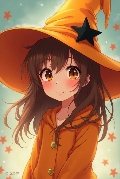 Anime type girl with brown hair and an orange witchs hat with a black star on the tip of her hat