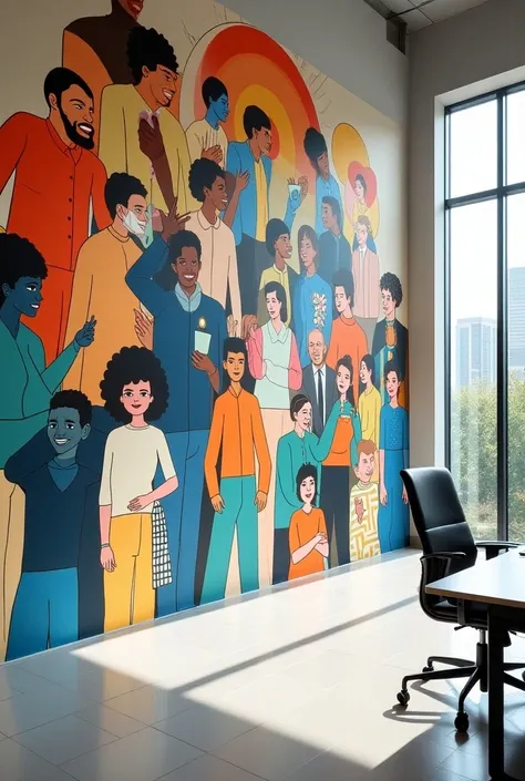 Make a mural of inspirations in a work environment in a letterless drawing