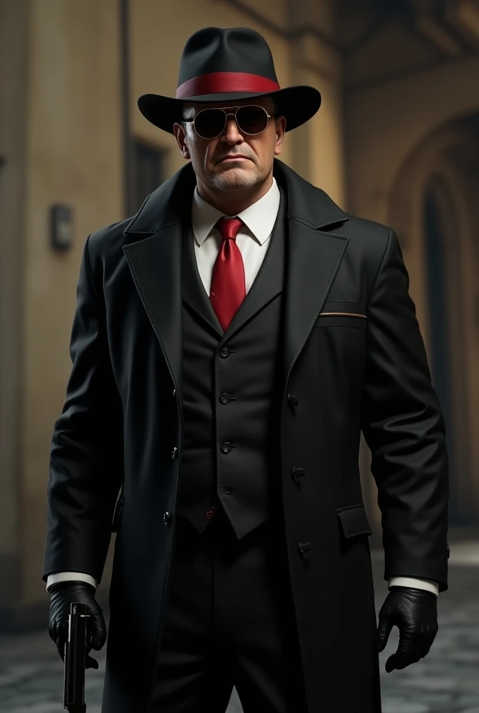  Draw me a potriate of a video game character in GTAV style derived by Vito Scalletta from Mafia 3 ,  grumpy face like a mobster in the 1980s , He is 45 ,  he has a black hat with red band ,  gold glasses with black tinted glasses ,  a black cashmere coat ...