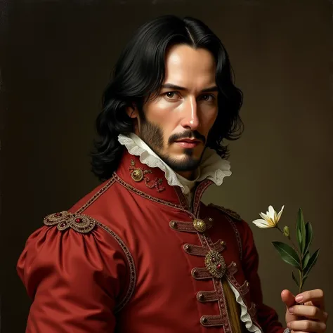 Keanu Reeves,  Rembrandt-style portrait  , half-turn figure  , young body ,  healthy beauty ,   young guy 20 years old, beautiful face,  confident masculine look ,  dark straight shoulder length hair ,  dressed in a cherry-colored jacket with bows, ruffles...