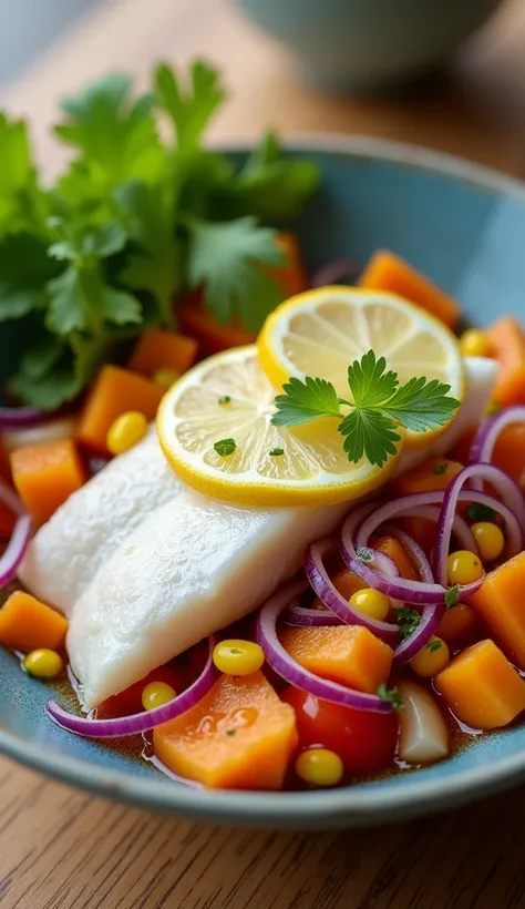 a fresh white fish ceviche, marinated in lemon juice, with purple onion, corn and sweet potato, served in an elegant bowl on a light wooden table, (best quality,4k,8k,highres,masterpiece:1.2),ultra-detailed,(realistic,photorealistic,photo-realistic:1.37),f...