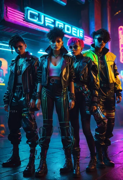 A group of diverse rogues, 1girl,1boy,1nonbinary, in stylized 80s costumes, highly detailed, intricate textures, dramatic lighting, cinematic composition, neon colors, moody atmosphere, cyberpunk, retrofuturistic, (best quality,8k,highres,masterpiece:1.2),...