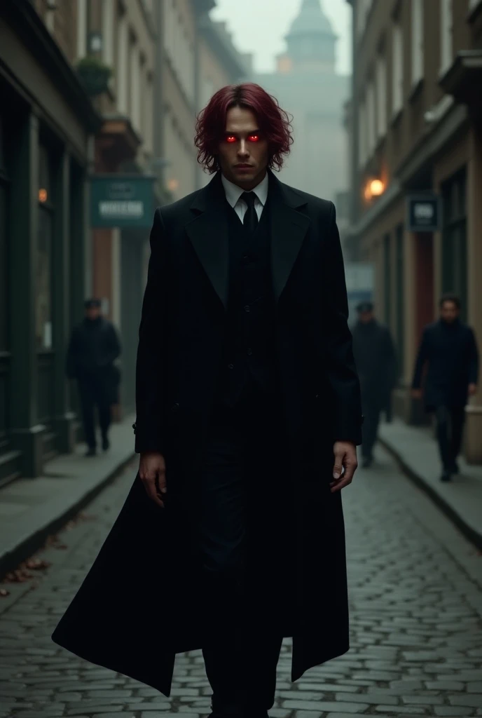  Man with wavy burgundy hair and bright red eyes.  Wearing a black suit with black overcoat . Walking the streets of England . 