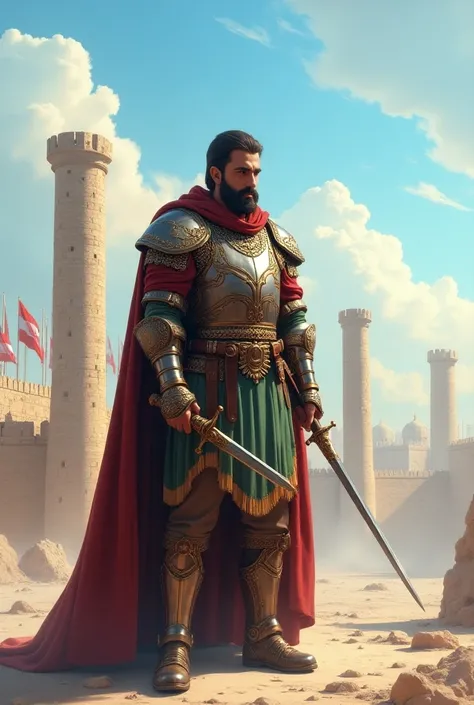 Bahram, the Sasanian commander and ruler of Carmania, standing proudly in front of the newly founded city of Shiragan. He is dressed in Sasanian armor and royal robes, with a sword at his side, symbolizing his military prowess. The background shows the cit...