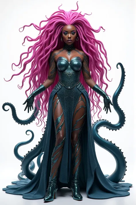 Black woman pink hair long dreads costume of Ursula the Disney villain on a white background she has octopus tentacles black woman she is in Drag style she is wearing shiny boots she has several algae on her dress she has scales on her skin 