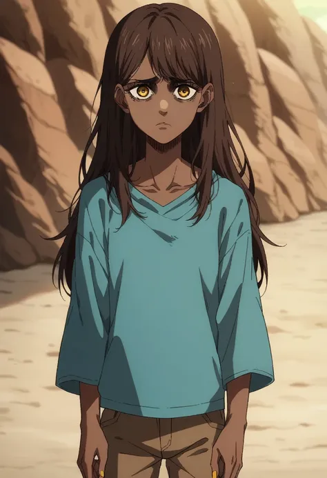 Screenshot from studio MAPPA anime style Attack on Titan,Symbolic, Sad and sentimental of an adult and serious woman with Polish and German appearance ((Large, wide and long hair, dark caramel brown, wavy, loose, Hairstyle in front Long side bangs hairstyl...