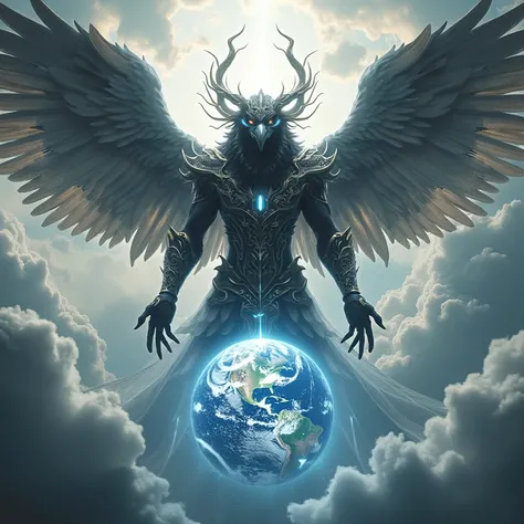 Muscular Anthropomorphic black Crow god with black wings, half saint half demon, glowing white and gold armor, holding the earth in its hands, positioned in the clouds, lights shining on him, 8K Octane, Hyperdetailed, glowing God Rays, light reflecting off...