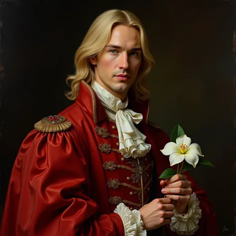 Keanu Reeves,  Rembrandt-style portrait  , half-turn figure  , young body ,  healthy beauty ,   young guy 20 years old, beautiful face,  confident masculine look , blond straight hair to the shoulders,  dressed in a cherry-colored jacket with bows, ruffles...