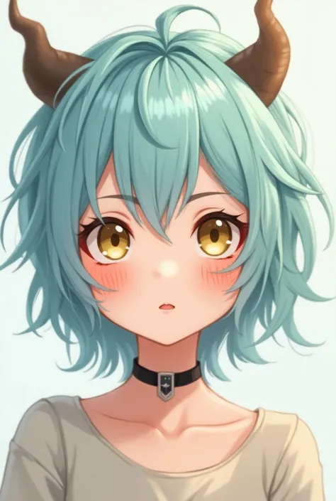 A blushing anime girl with freckles of messy short hair, her light blue hair and her super light yellow eyes and her light blue pupils and brown horns and the tips of her horns mint green and a black necklace.