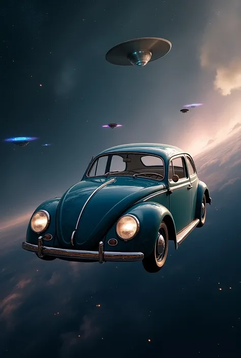 A Volkswagen beetle in space with UFOs 