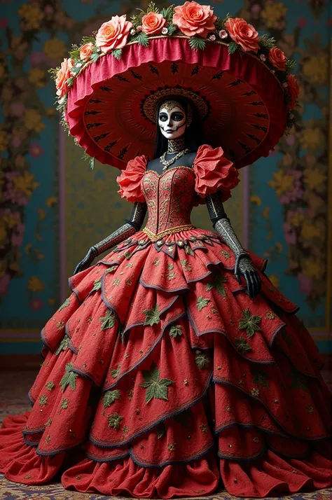 I doubt that you design the costume of a Catrina with a rose theme.  I want the hat to be a big dress and the dress to be pompous and big, extravagant 