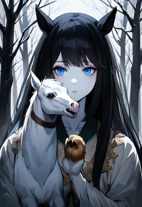 1 horse, looking awake, white skin, black hair, animal, blue eyes, straight combed mane hair,White skin, a bandage on the paw,Without huma female focus, forest, several bare trees, winter in nature,