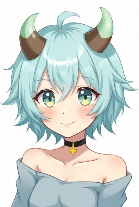 An anime girl with pointed ears with freckles, messy short hair, her light blue hair and her super light yellow eyes and her light blue pupils and brown horns and the tips of her horns mint green and a black choker.