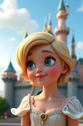 Petite fille blonde cheveux courts yeux très bleus modele Disney habillée en princesse devant un château de conte de fée 