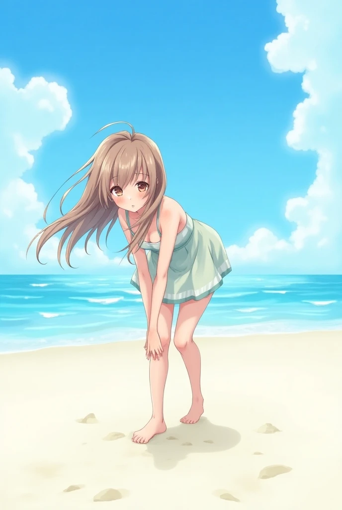 Make an anime girl at the beach picking up something on the ground backwards