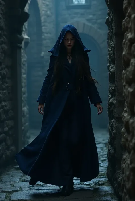  A Middle Ages enchanter brushes against the stone walls of a castle at night,  Her dark blue coat with a large hood flies in the wind .  Her hair is long and dark brown . Her skin is tanned .  Her hands are magical  