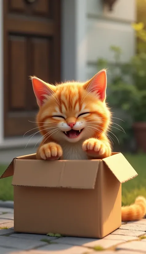 unlabeled box sitting outside a house.
. the realistic brown cat open the box,cat muu saf kar rahi hai khush face k sath expression do cat kay happy, energetic , muu saaf krty huy apny hatho sey cat k , (after eating expression)