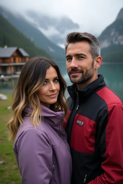 couple photo, woman with medium sagging breasts, long dark brown layered hair with highlights and blonde streaks with beautiful face, hourglass body and lilac jacket, man with very short hair, 35 years old with few gray hairs, wearing red and black jackets...