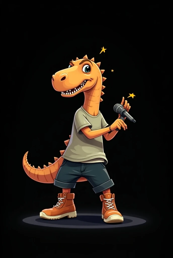 Dinosaur cartoon dressed in long t-shirt, black shorts, Timberland shoes, having a freestyle battle with a microphone in his hand, black background 