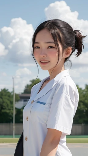  Best Quality, 8k, , Japanese ,, slender, RAW Photos,  absurd, You are in an award-winning portrait, (Detailed face,  has a smiling face )、{3 | 2} Girl standing in schoolyard, Cumulonimbus clouds in the summer sky, woman&#39,((Summer clothes:1.5)),  , (Ver...