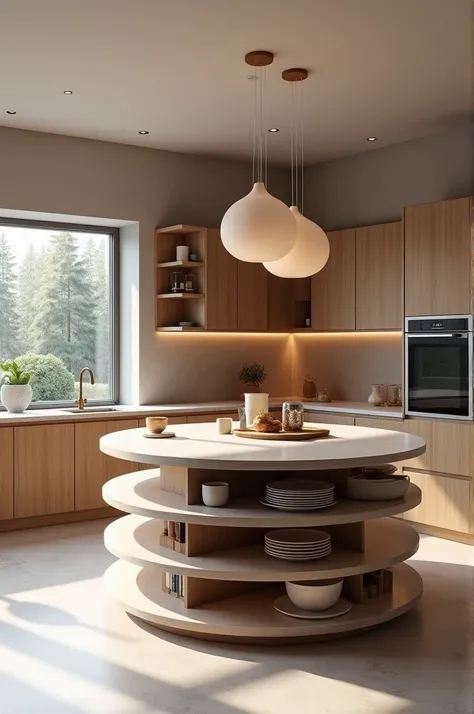 You can make a circular island with shelves 
 From a kitchen 