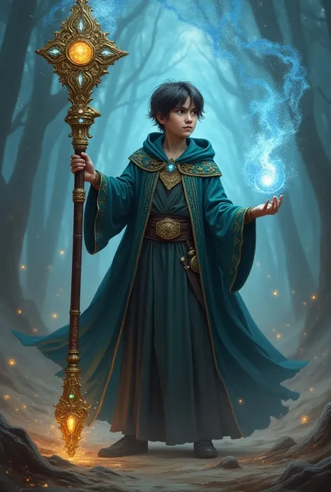 A young wizard, using a large staff