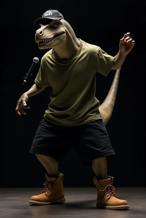 dinosaur wearing cap dressed in long t-shirt black shorts Timberland shoes having a freestyle battle with a microphone in his hand black background 