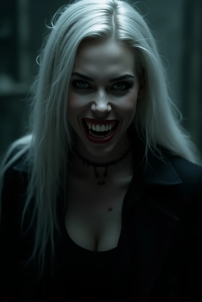 a female vampire ready to jump on the viewer to bite them, unhealthy and crazy smile, detailed face, fangs, piercing eyes, flowing silver hair, dark clothing, dramatic lighting, gothic atmosphere, cinematic composition, moody colors, chiaroscuro lighting, ...