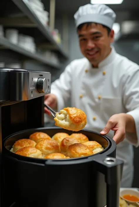 The cook opens the airfryer and takes out the golden dumplings.