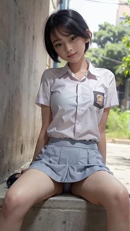 Young sweet beautiful school girl, slim body, very georgeus face, spread legs, wearing Indonesian white and grey uniform, short sleeve shirt, grey kneel short skirt, sassy girl,  wavy short hairs, siting down relax on side walk cheerful going to the school...