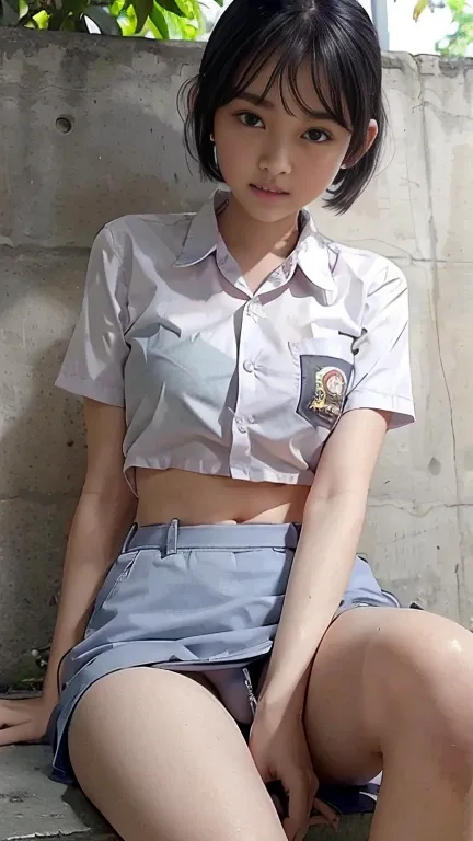 Young sweet beautiful school girl, slim body, very georgeus face, spread legs, wearing Indonesian white and grey uniform, short sleeve shirt, grey kneel short skirt, sassy girl,  wavy short hairs, siting down relax on side walk cheerful going to the school...