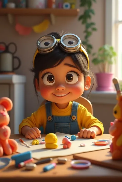 Pixar style, A girl at her desk she is dressed in a Minion costume making a teddy bear and other figures out of plasticine.