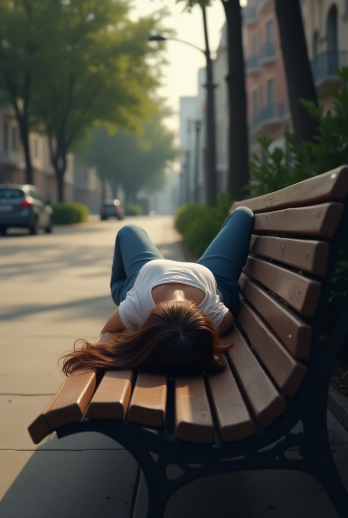  An image of a woman lying on a street bench , view from behind.  The woman is lying on her back ,  with her loose hair falling slightly over the edges of the bench. Wear casual clothes,  like a t-shirt and jeans ,  and is in a relaxed position .  The envi...