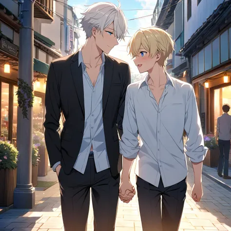  Photo, Boys love, yaoi,  Anime about a 20-year-old boy with white hair and blue eyes, with a tall blond man , Holding hands, On a date,  High Definition 