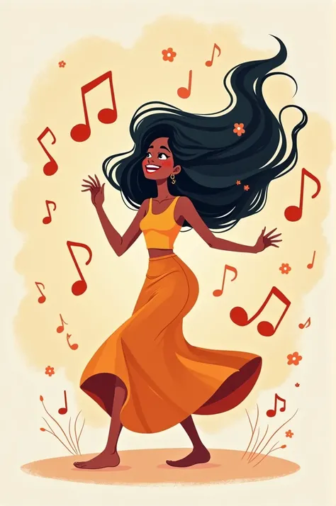 Cartoon woman with long black hair listening to music and dancing 