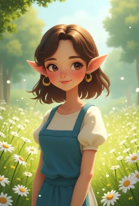 1girl, Solo, Looking at viewer, Medium-length Hair, Brown Hair, Face frame hair, Round Face, Pointy Ears, Crescent Earrings, Closed Mouth, Smile, Nose Blush, White Dress, Blue Apron, Sparkle, Daisy Meadow Background