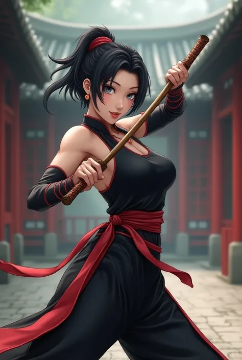  A Chinese woman with short black hair with gray eyes , wears a black Chinese martial arts costume with red details, He has the body of a muscular man with a masculine appearance , She has a pretty face ,modern anime style,  she has a bamboo sword ,He is i...