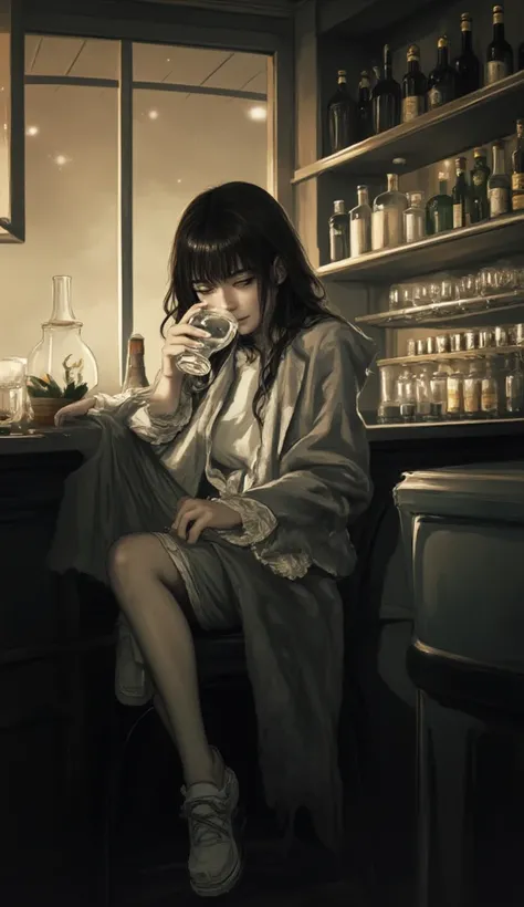 a young woman sitting in a bar drinking a glass of milk, modern bar background 